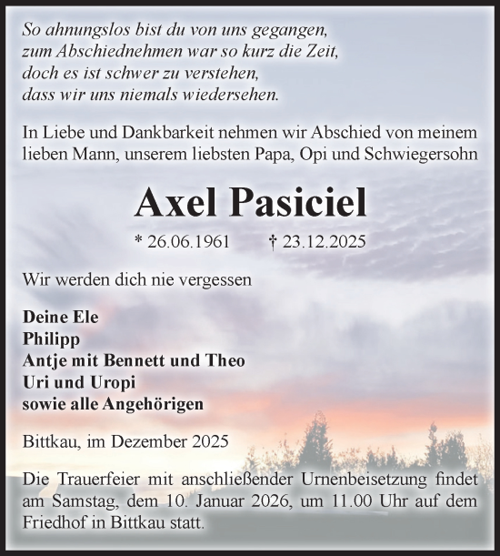 Traueranzeige von Axel Pasiciel von Volksstimme Altmark Ost