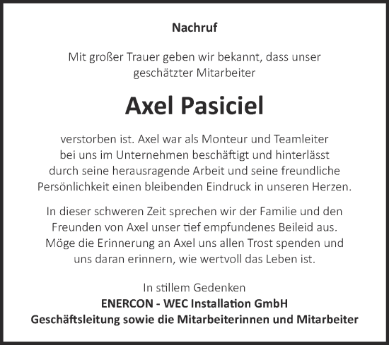 Traueranzeige von Axel Pasiciel von Volksstimme Altmark Ost