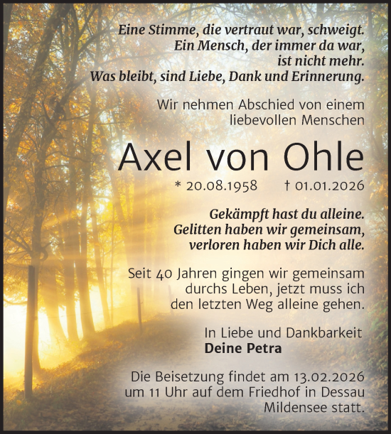 Traueranzeige von Axel von Ohle von Trauerkombi Dessau