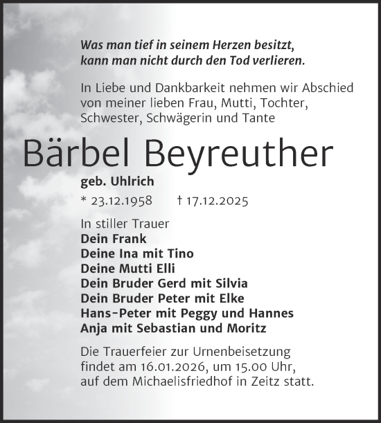 Traueranzeige von Bärbel Beyreuther von Trauerkombi Zeitz