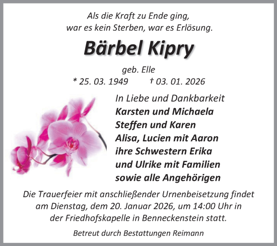 Traueranzeige von Bärbel Kipry von Volksstimme Wernigerode