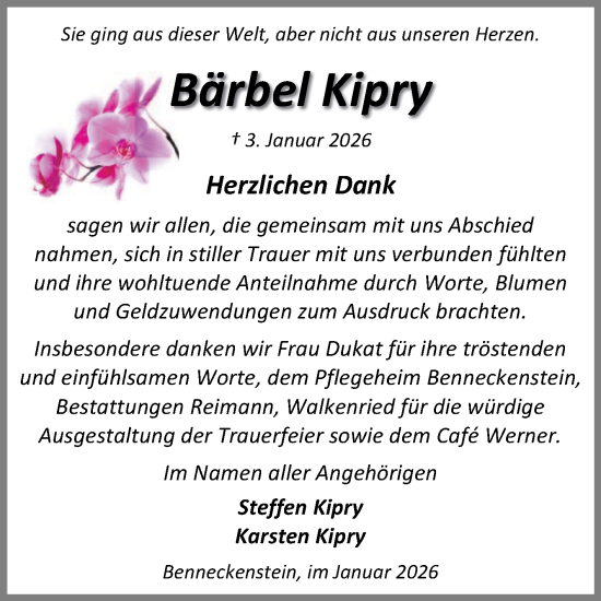 Traueranzeige von Bärbel Kipry von Volksstimme Wernigerode
