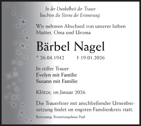 Traueranzeige von Bärbel Nagel von Volksstimme Altmark West