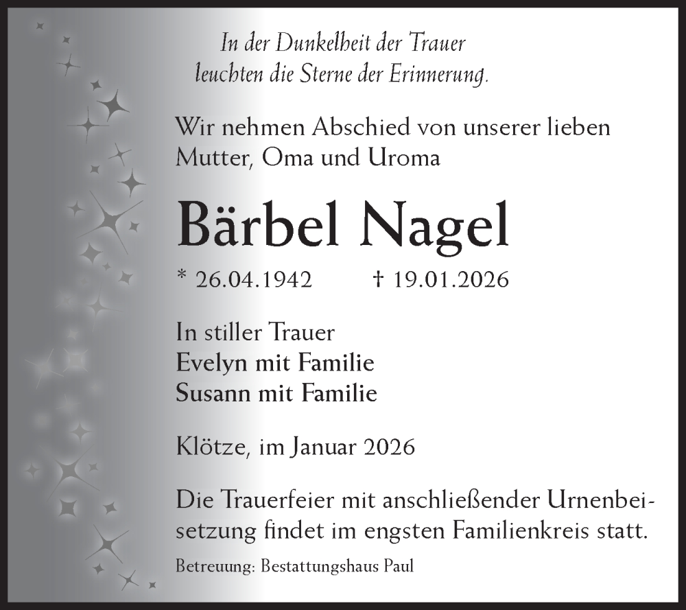 Traueranzeige für Bärbel Nagel vom 24.01.2026 aus Volksstimme Altmark West
