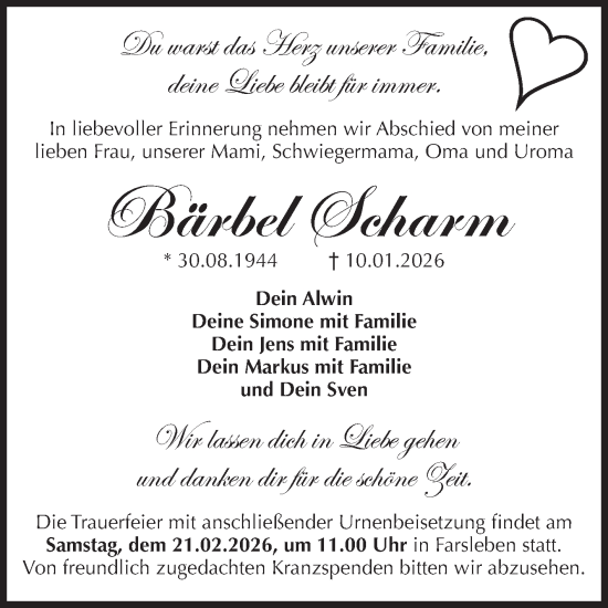 Traueranzeige von Bärbel Scharm von Volksstimme Haldensleben/Wolmirstedt