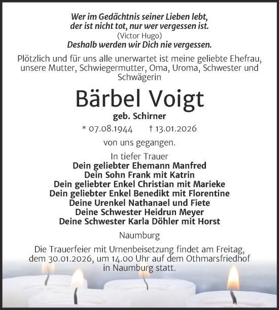 Traueranzeige von Bärbel Voigt von Super Sonntag Naumburg/Nebra