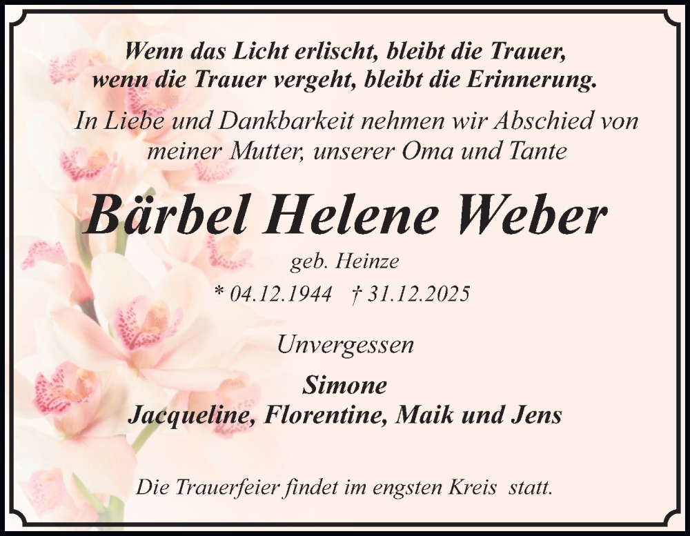  Traueranzeige für Bärbel Helene Weber vom 17.01.2026 aus Trauerkombi Dessau