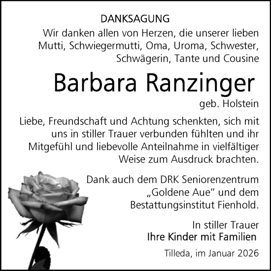 Traueranzeige von Barbara Ranzinger von Trauerkombi Sangerhausen