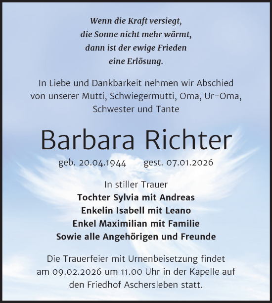 Traueranzeige von Barbara Richter von Trauerkombi Aschersleben