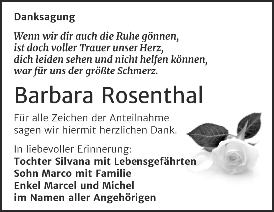 Traueranzeige von Barbara Rosenthal von Trauerkombi Weißenfels