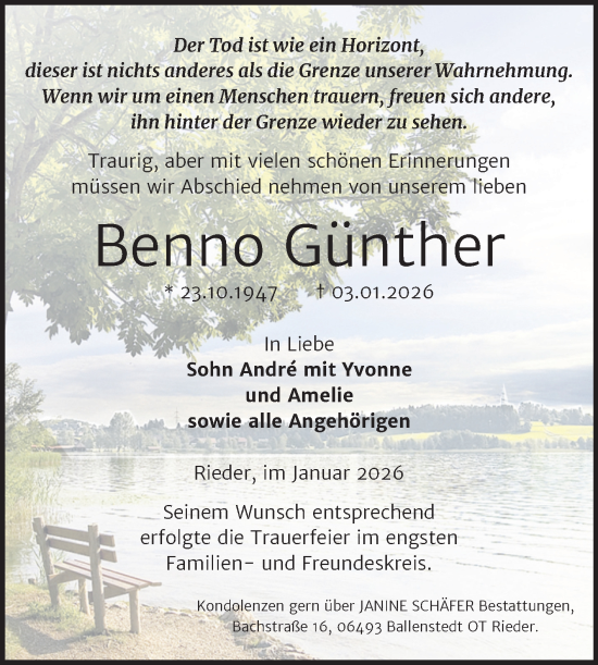 Traueranzeige von Benno Günther von Trauerkombi Quedlinburg