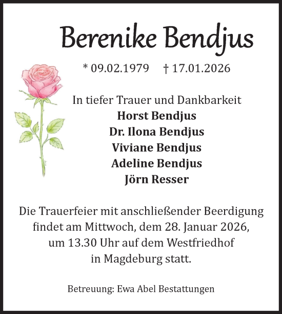 Traueranzeige von Berenike Bendjus von Volksstimme Magdeburg