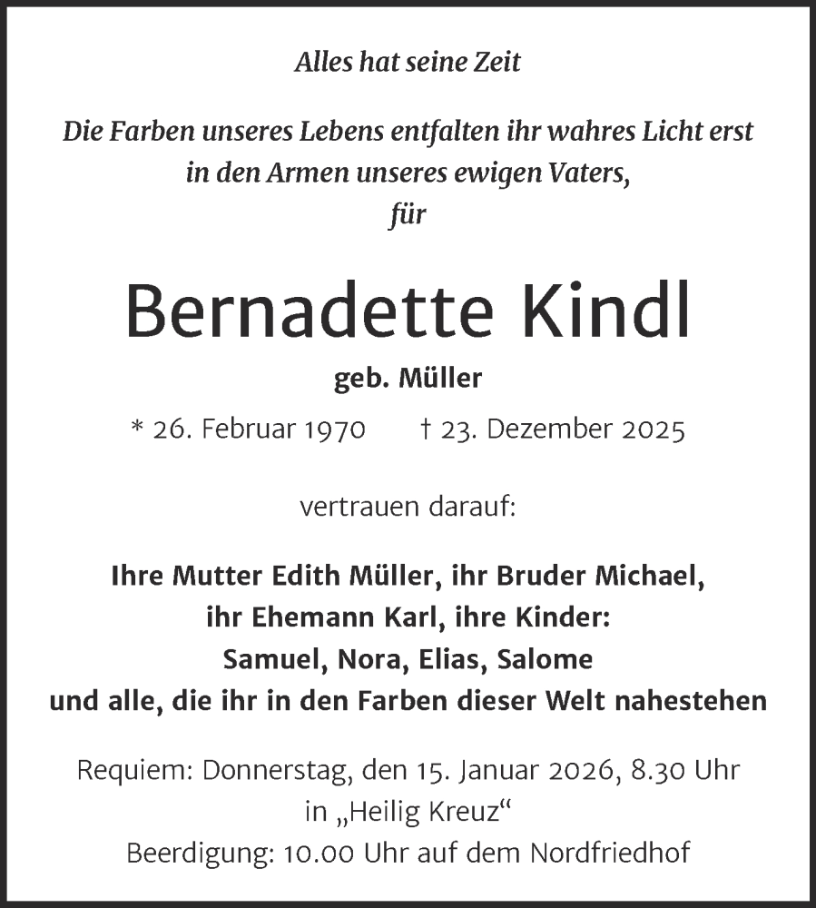  Traueranzeige für Bernadette Kindl vom 10.01.2026 aus Mitteldeutsche Zeitung Halle/Saalkreis