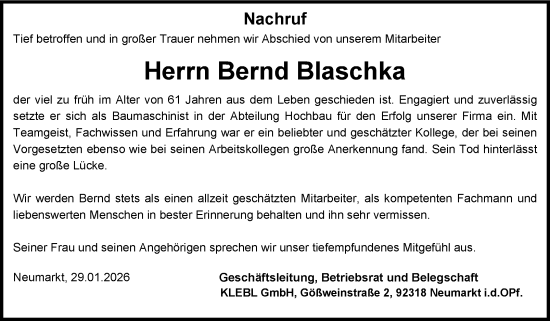 Traueranzeige von Bernd Blaschka von Volksstimme Altmark Ost