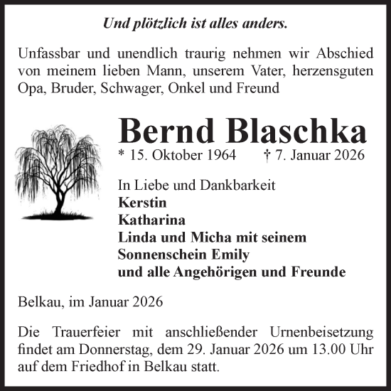 Traueranzeige von Bernd Blaschka von Volksstimme Altmark Ost