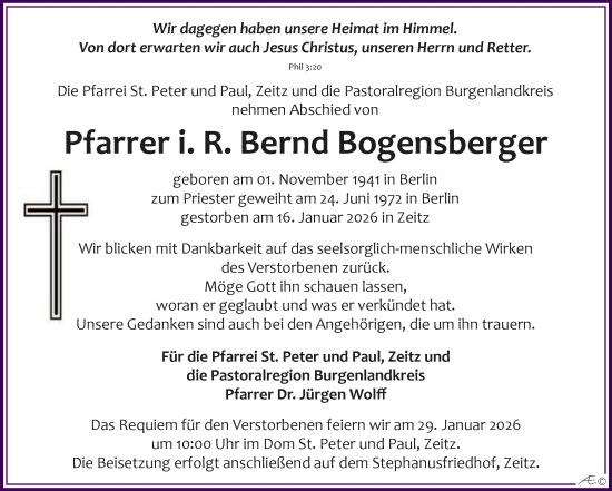 Traueranzeige von Bernd Bogensberger von Trauerkombi Zeitz
