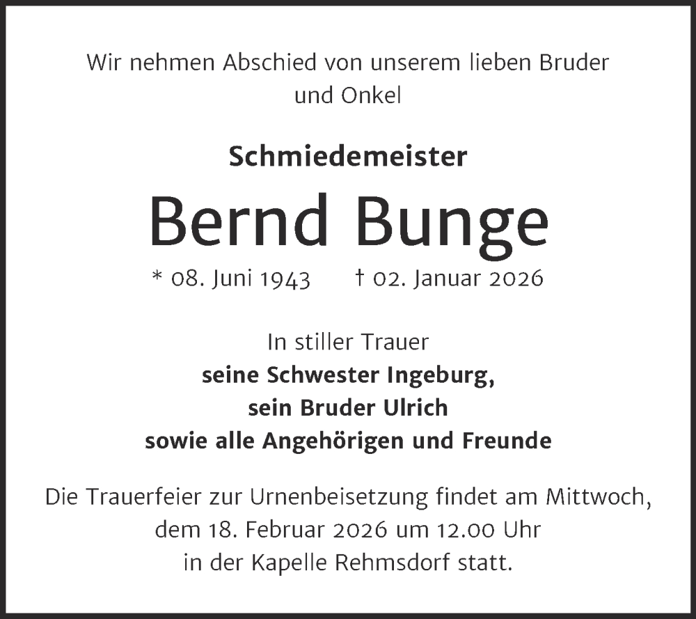  Traueranzeige für Bernd Bunge vom 31.01.2026 aus Trauerkombi Zeitz