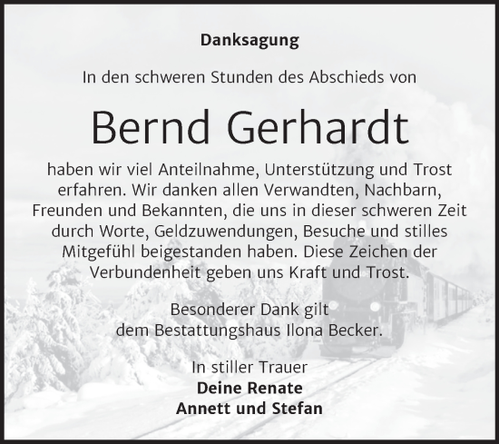 Traueranzeige von Bernd Gerhardt von Trauerkombi Sangerhausen