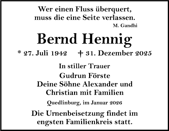 Traueranzeige von Bernd Hennig von Trauerkombi Quedlinburg