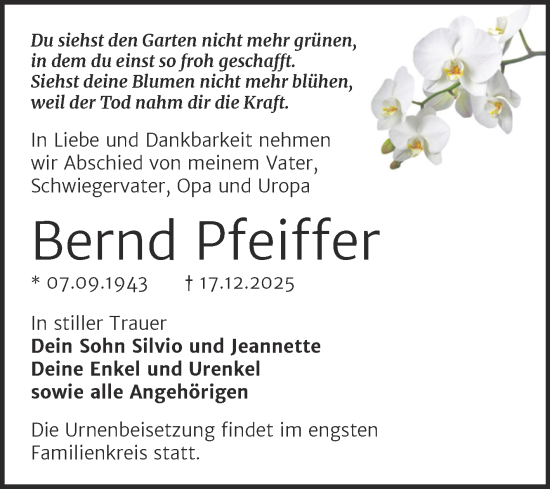 Traueranzeige von Bernd Pfeiffer von Trauerkombi Wittenberg