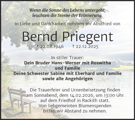 Traueranzeige von Bernd Priegent von Trauerkombi Wittenberg