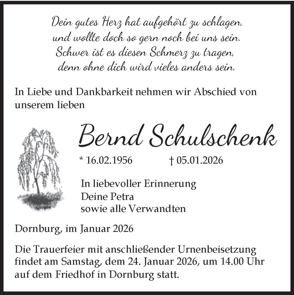  Traueranzeige für Bernd Schulschenk vom 10.01.2026 aus Volksstimme Burg/Genthin