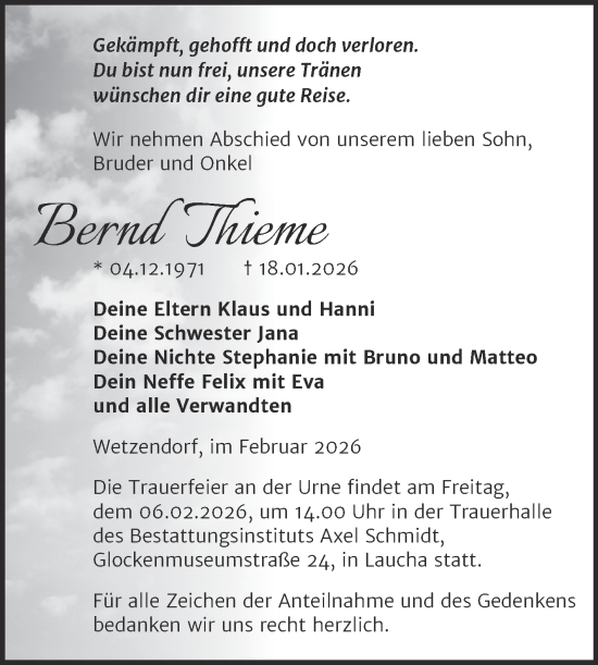 Traueranzeige von Bernd Thieme von Super Sonntag Naumburg/Nebra