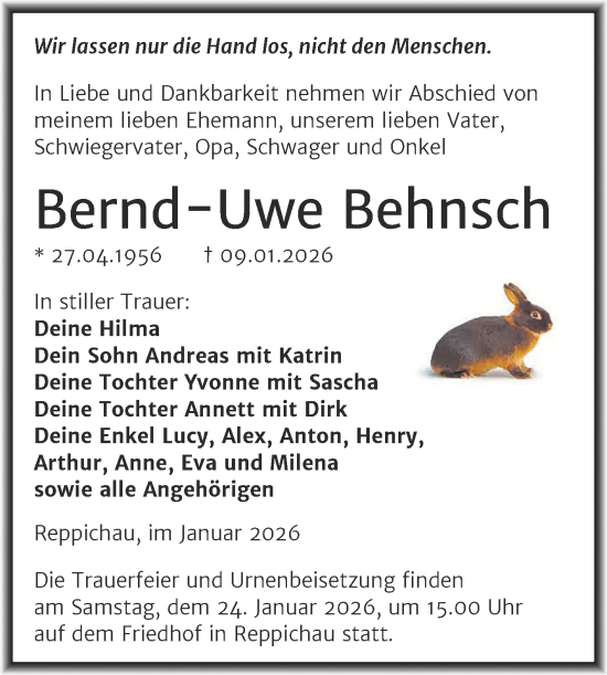 Traueranzeige von Bernd-Uwe Behnsch von Trauerkombi Köthen