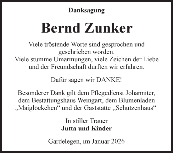 Traueranzeige von Bernd Zunker von Volksstimme Altmark West