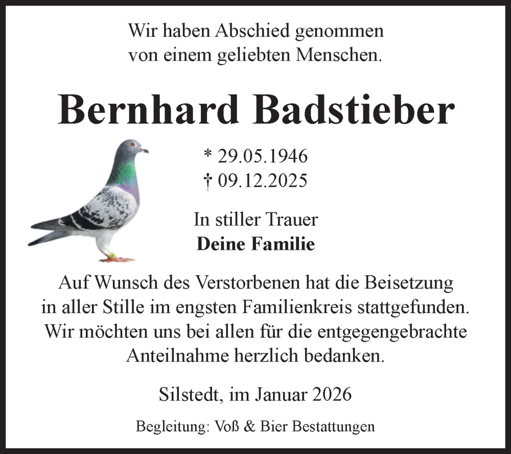  Traueranzeige für Bernhard Badstieber vom 10.01.2026 aus Volksstimme Wernigerode