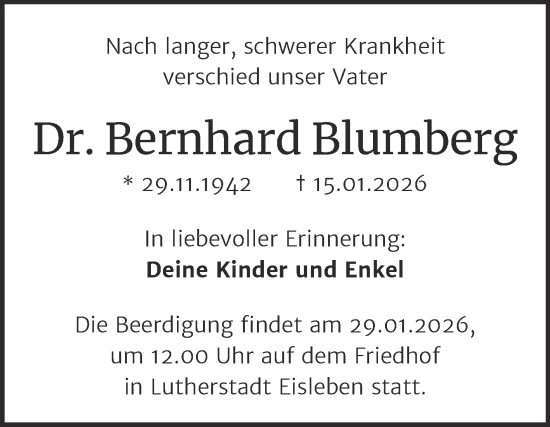 Traueranzeige von Bernhard Blumberg von Mitteldeutsche Zeitung Mansfelder Land