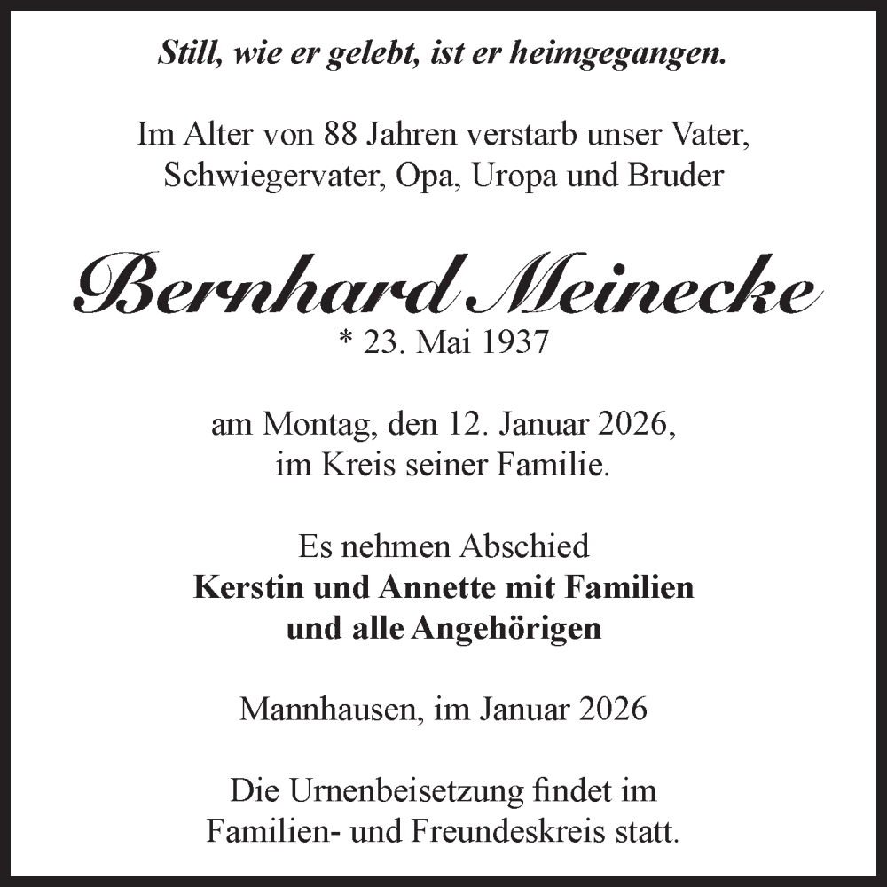  Traueranzeige für Bernhard Meinecke vom 17.01.2026 aus Volksstimme Haldensleben/Wolmirstedt