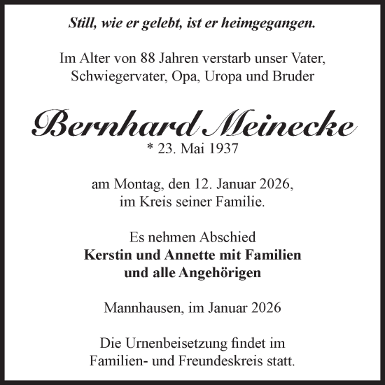 Traueranzeige von Bernhard Meinecke von Volksstimme Haldensleben/Wolmirstedt