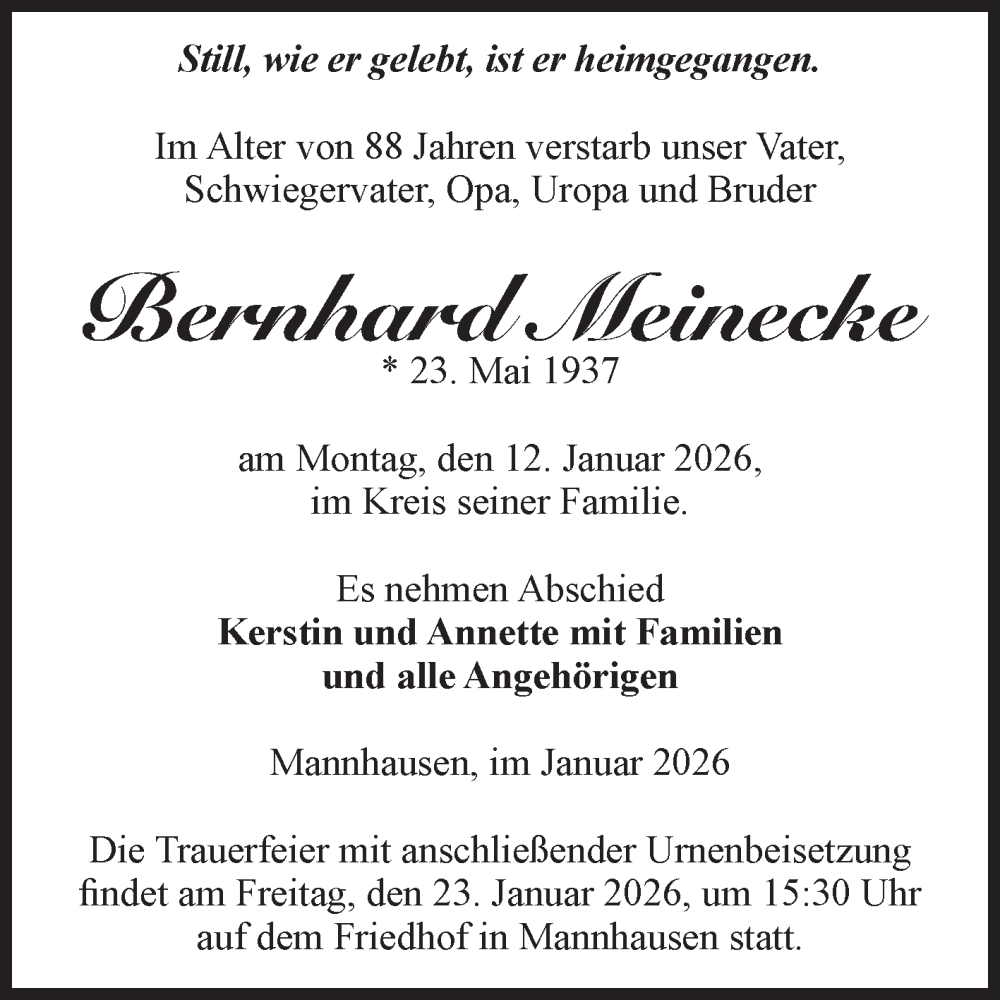 Traueranzeige für Bernhard Meinecke vom 20.01.2026 aus Volksstimme Haldensleben/Wolmirstedt