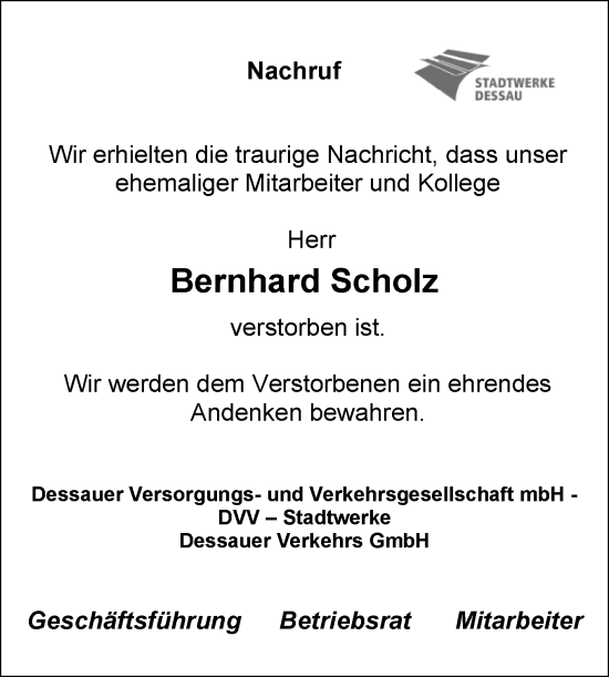 Traueranzeige von Bernhard Scholz von Mitteldeutsche Zeitung Dessau-Roßlau