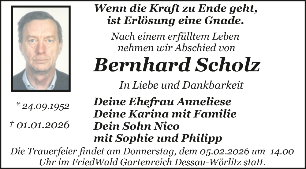  Traueranzeige für Bernhard Scholz vom 17.01.2026 aus Trauerkombi Dessau