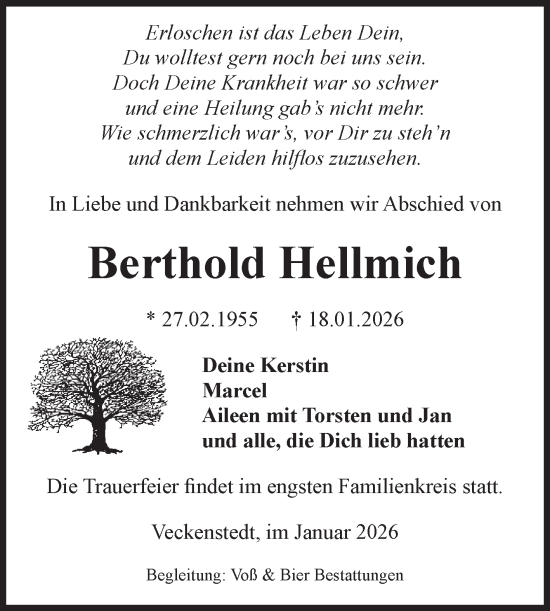 Traueranzeige von Berthold Hellmich von Volksstimme Wernigerode