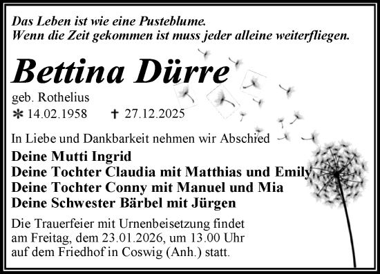 Traueranzeige von Bettina Dürr von Trauerkombi Wittenberg