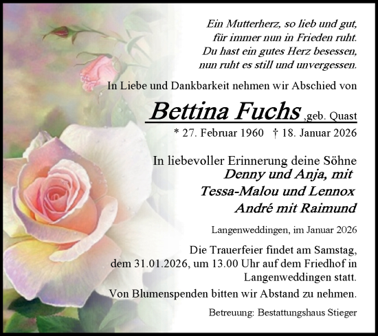 Traueranzeige von Bettina Fuchs von Volksstimme Oschersleben/Wanzleben