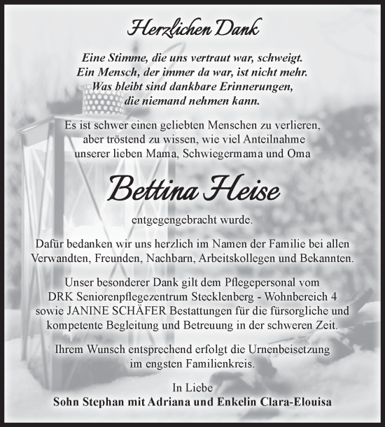 Traueranzeige von Bettina Heise 