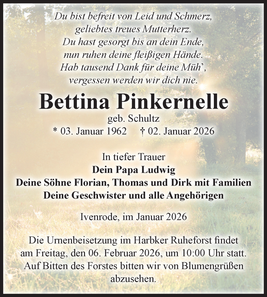  Traueranzeige für Bettina Pinkernelle vom 24.01.2026 aus Volksstimme Haldensleben/Wolmirstedt
