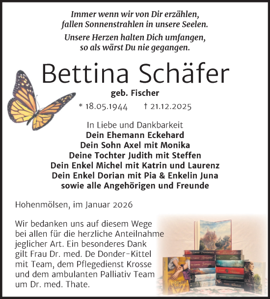 Traueranzeige von Bettina Schäfer von Trauerkombi Weißenfels