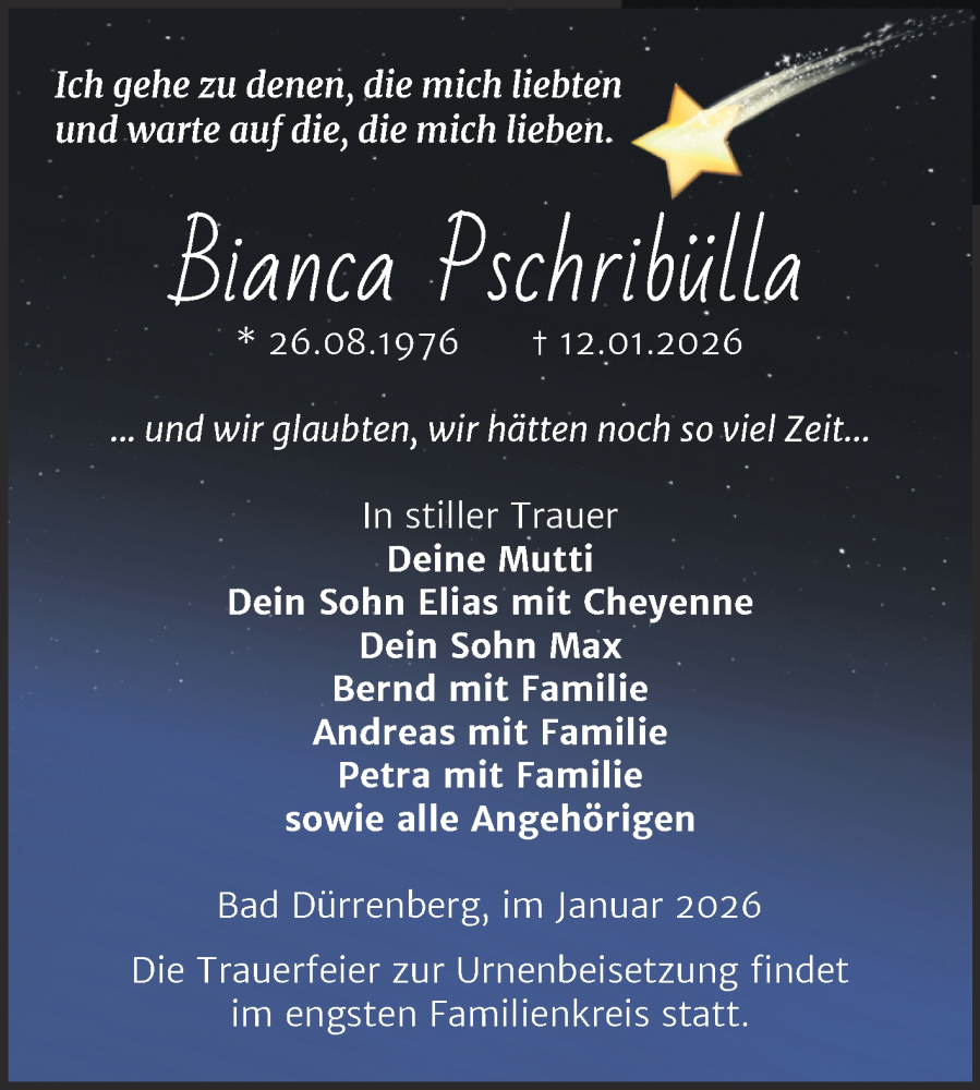  Traueranzeige für Bianca Pschribülla vom 24.01.2026 aus Trauerkombi Merseburg