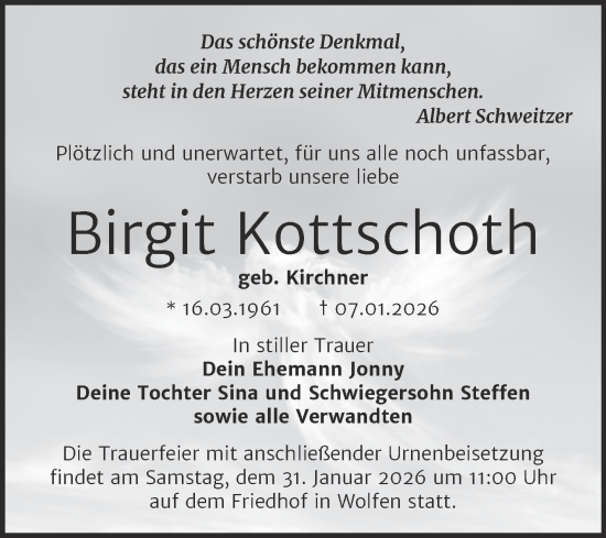 Traueranzeige von Birgit Kottschoth von Trauerkombi Bitterfeld