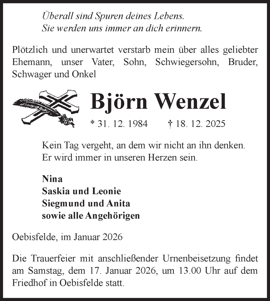  Traueranzeige für Björn Wenzel vom 10.01.2026 aus Volksstimme Altmark West