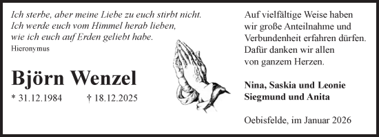 Traueranzeige von Björn Wenzel von Volksstimme Altmark West
