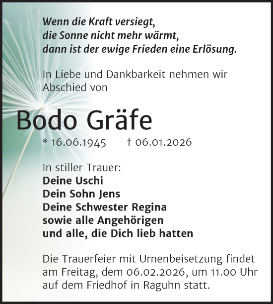 Traueranzeige von Bodo Gräfe von Trauerkombi Bitterfeld