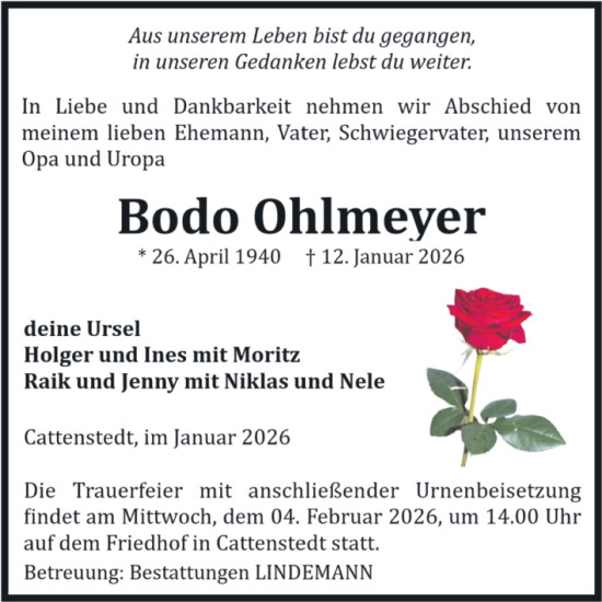 Traueranzeige von Bodo Ohlmeyer von Volksstimme Wernigerode