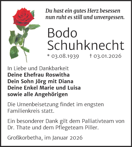 Traueranzeige von Bodo Schuhknecht von Trauerkombi Weißenfels