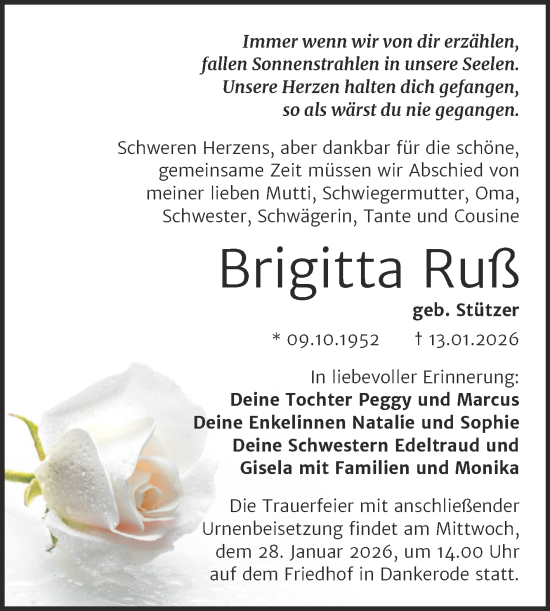 Traueranzeige von Brigitta Ruß von Trauerkombi Quedlinburg